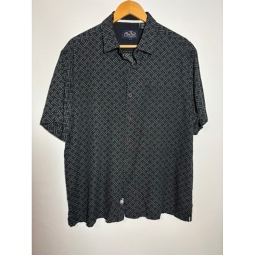 Nat Nast Shirt Mens L Blue‎ Silk Cotton Short Sleeve Geometric Button Up Luxury